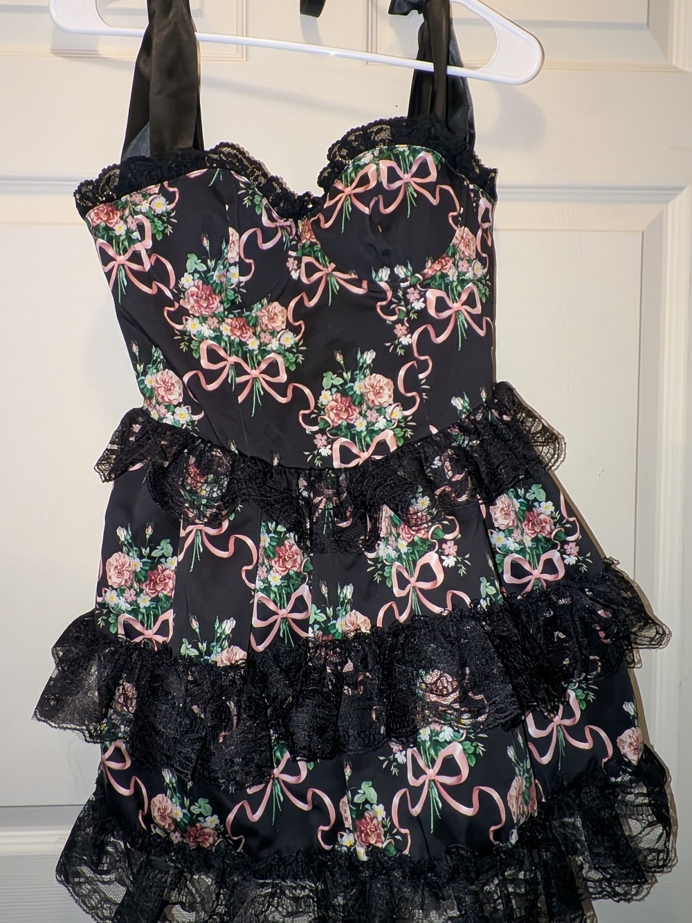 Dolls Kill Black Floral Pink Bow Ruffle Party Dress